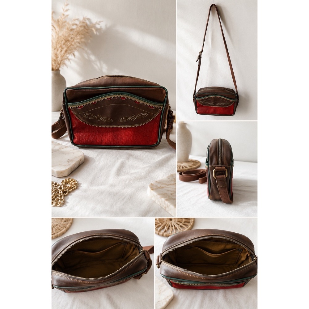 Raquel Wolf New York Brown Leather Red Lizard Print Western Crossbody Bag